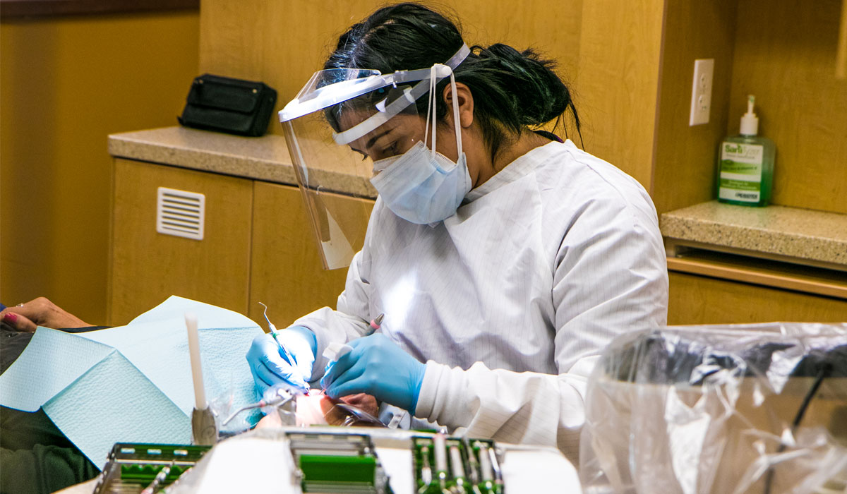 Female medical worker organizes instruments before procedure. 