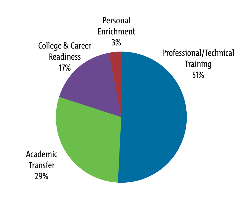 Professional/Technical Training 51%; Academic Transfer 29%; College & Career Readiness 17%; Personal Enrichment 3%