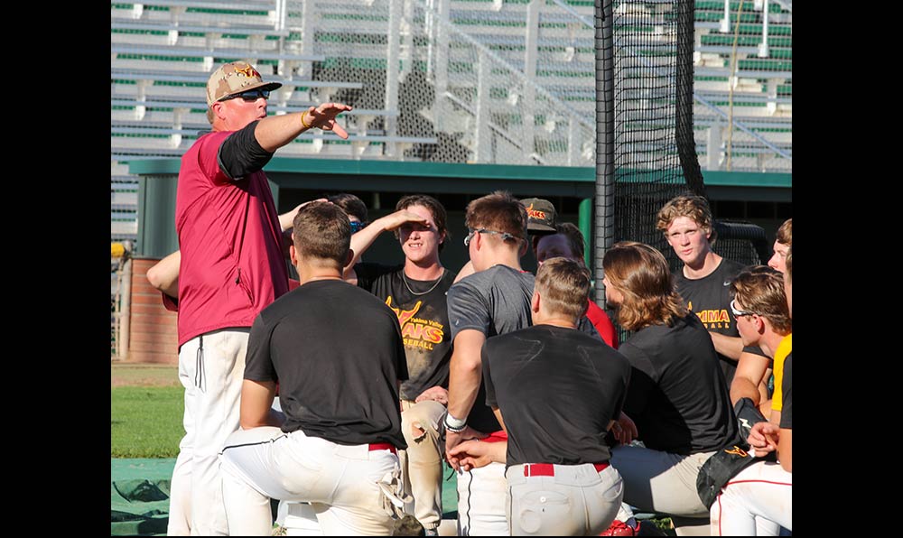 Coach talking to baseball team