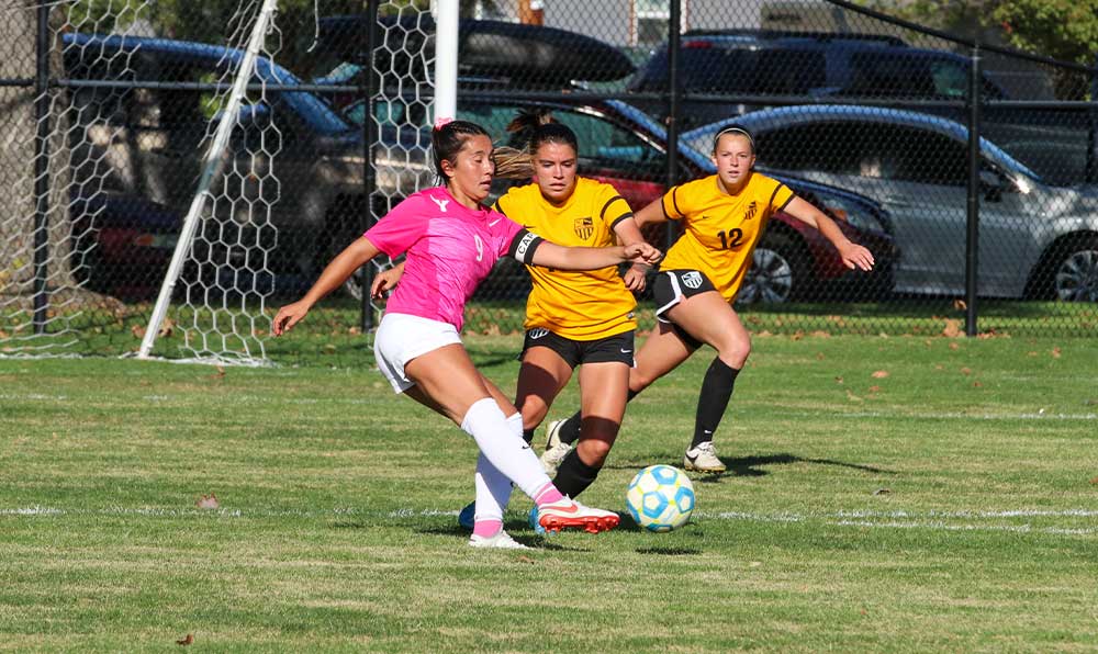 Female soccer player kicking ball