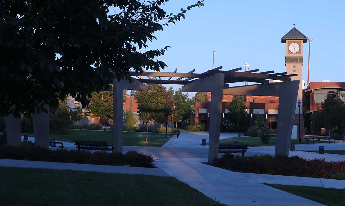 North campus commons with clocktower in background