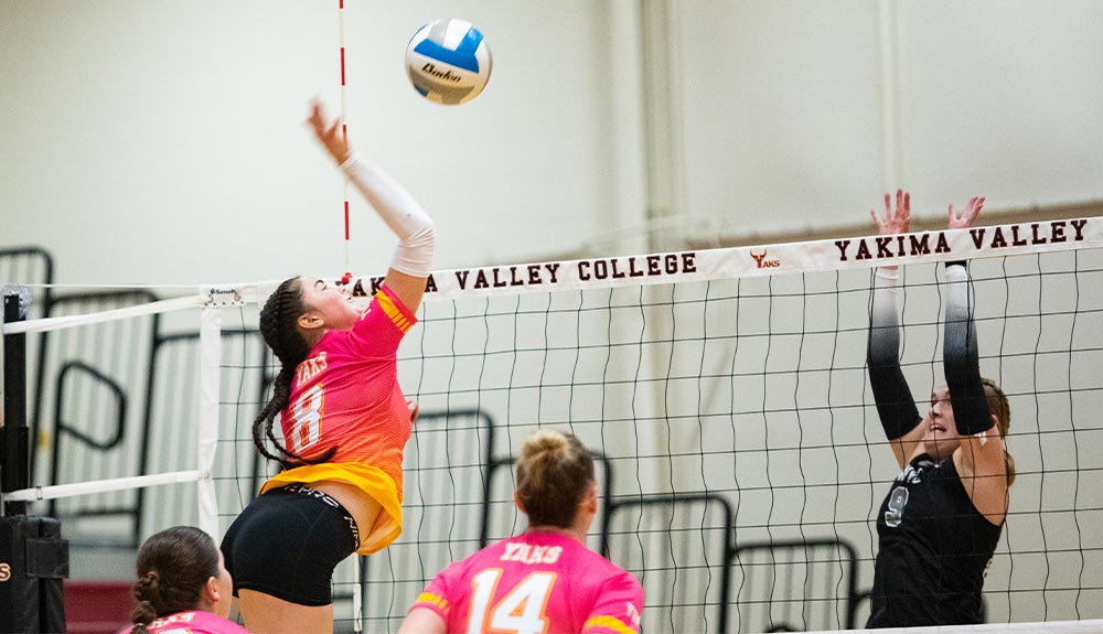 Female volleyball player spikes ball