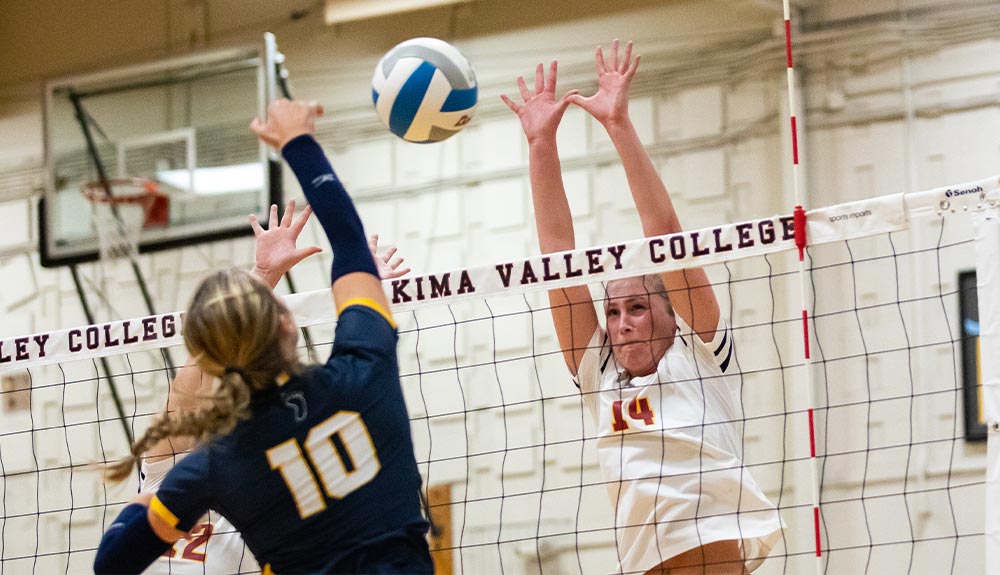 Female volleyball player attempts block