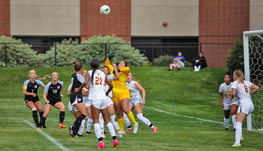 Soccer goalie jumps for ball