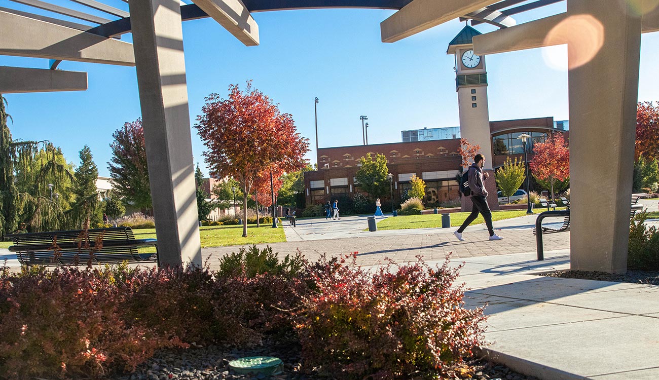 Student walking through courtyard