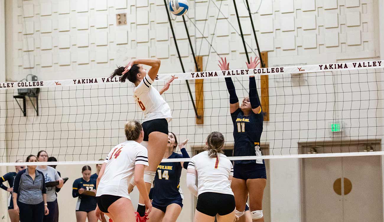 Female volleyball player jumps to spike ball