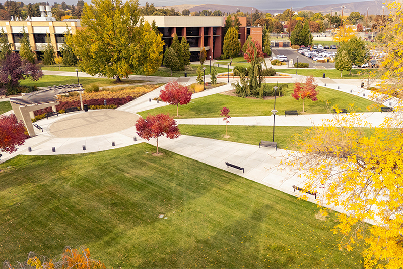 Aerial view of Glenn Anthon Hall and courtyard in fall