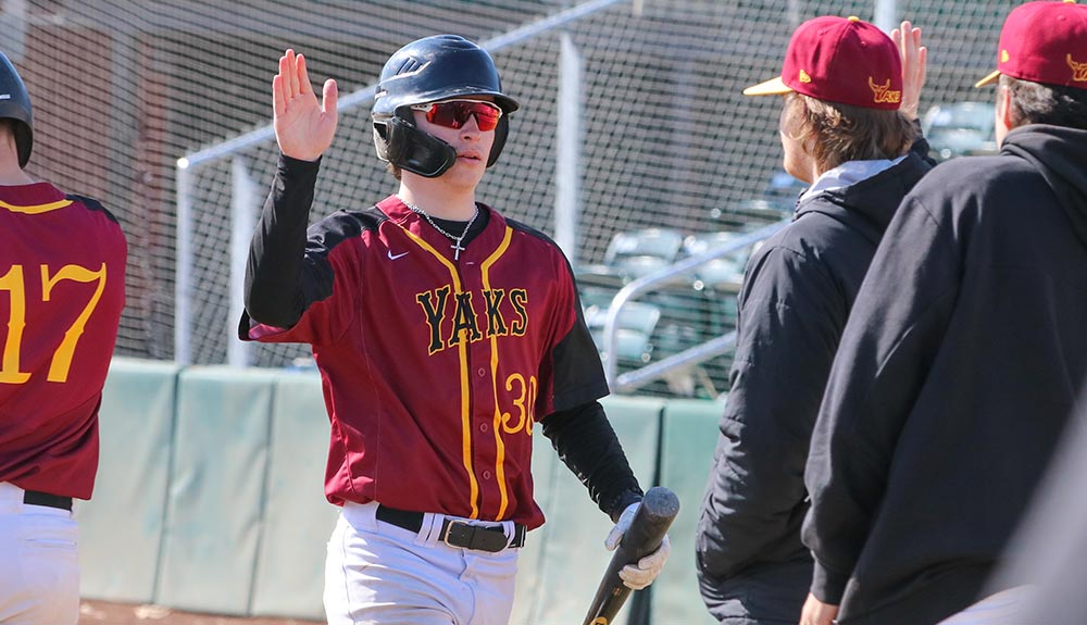 Baseball player high fives teammate.