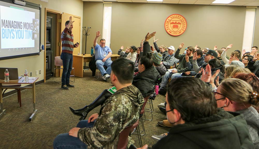 Speaker talks to students