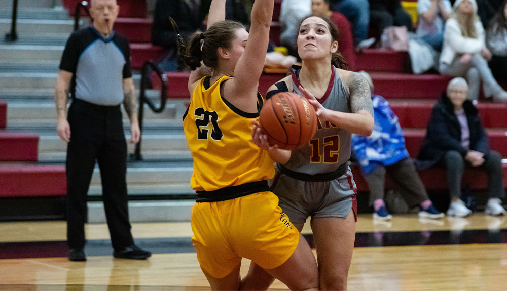 Female basketball player attempts shot