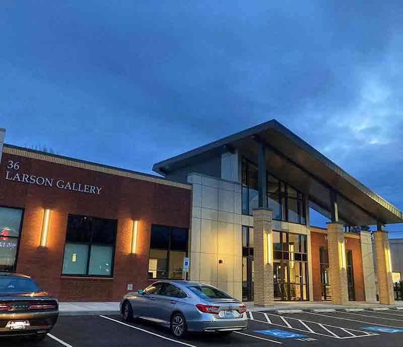 Larson Gallery pictured from outside at night. 