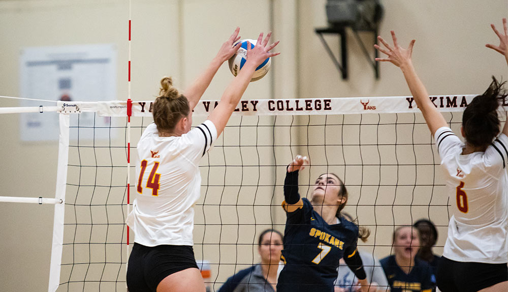 Volleyball player Mckenna Steiner blocks spike