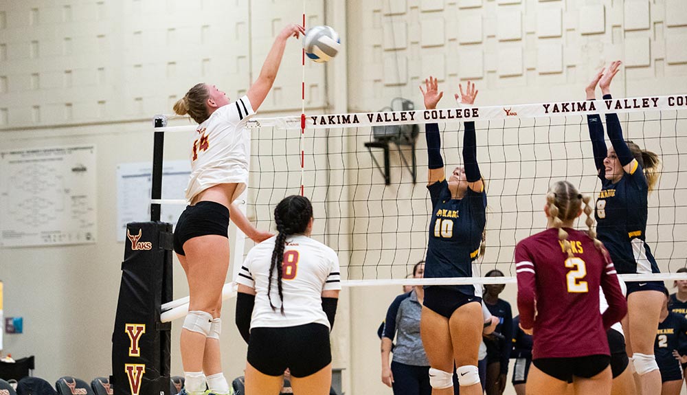 Volleyball player Mckenna Steiner spikes ball