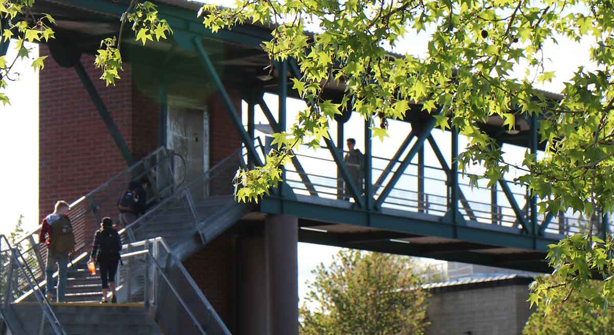 Students cross the pedestrian bridge