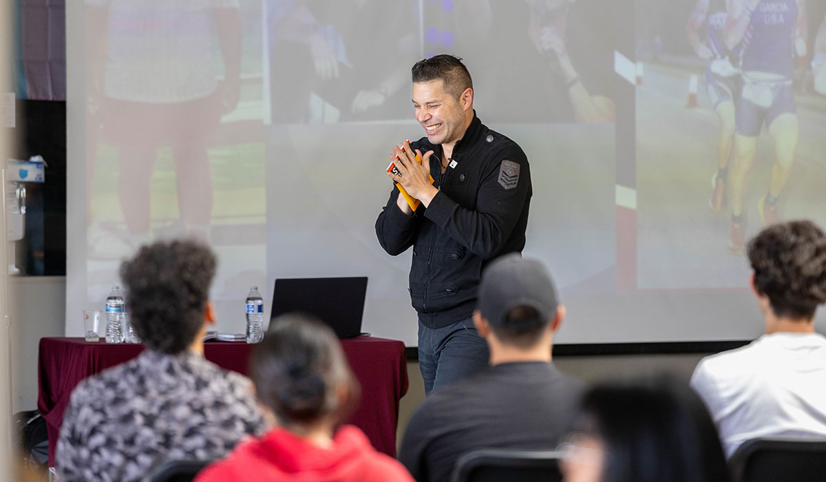 Comedian David Edward Garcia speaks with students on YVC's Yakima Campus