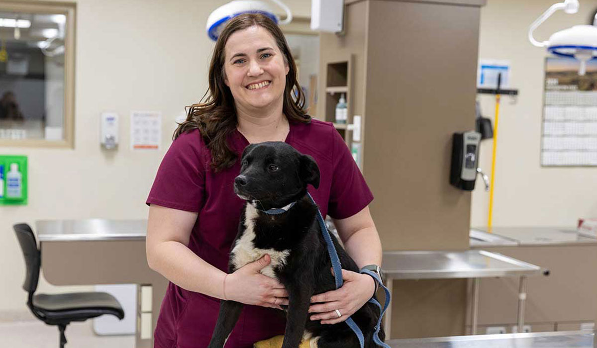 Elizabeth McEwen poses with a dog in YVC's Veterinary Technology lab