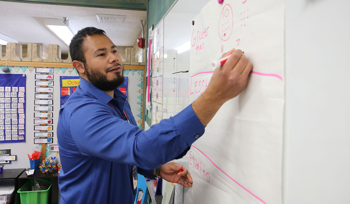 Student teacher writes a lesson on the board for students