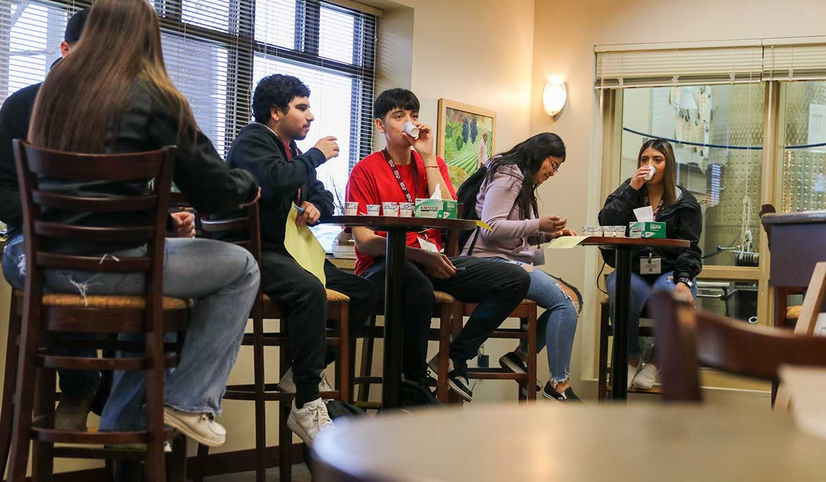 Agriculture students review sensory elements for wine in the Grandview tasting room