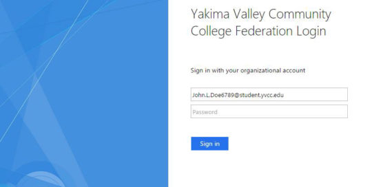 screen capture of the YVC College Federation Login.