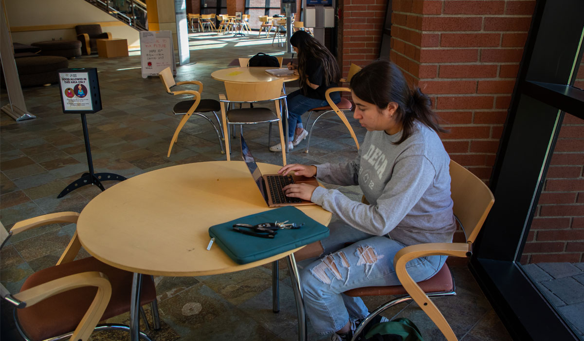 Student working on lap top in YVC common area between classes. 