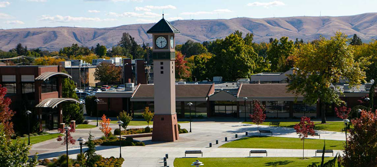 YVC Campus pictured from above with Clock Towere in the background. 