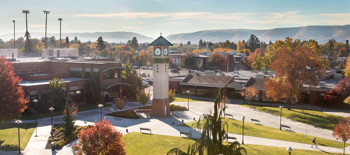 YVC Campus picture from above with clock towere in the distance