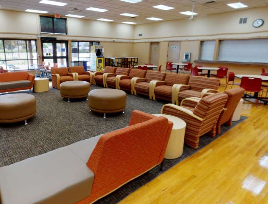 Sitting area of Grandview Student Activity Center pictured at its main seating area. 